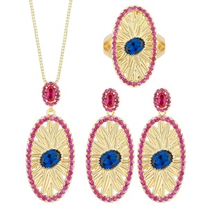 Fashion Eco-friendly Copper Oval Cut 5*7mm Blue Zircon Designer Vintage Style Gold Plated Earrings and Necklace Set for Women - Product Image 1