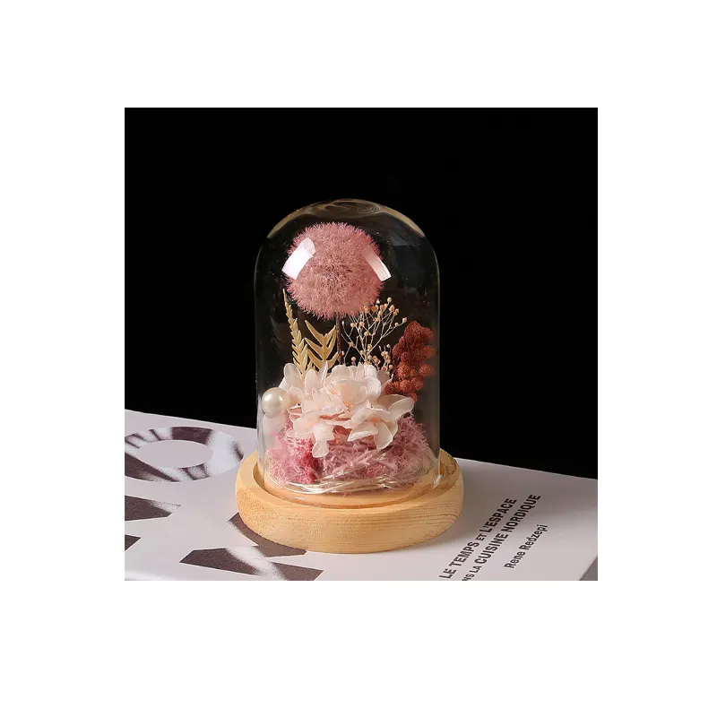 Venta caliente Natural Fresh Rose Preserved Flower Bola de diente de león seca Preservada en vidrio para regalo de temporada