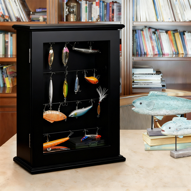 New Product 2026 Fishing Lure Storage case Lockable Wood Frame Rustic Fishing Lures Shadow Box Wall Mounted Tabletop Rectangular