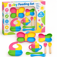 Ensemble d'alimentation pour bébé en silicone motif papillon : assiette à ventouse, bavoir, tasse d'apprentissage, cuillère, fourchette, vaisselle pour enfants