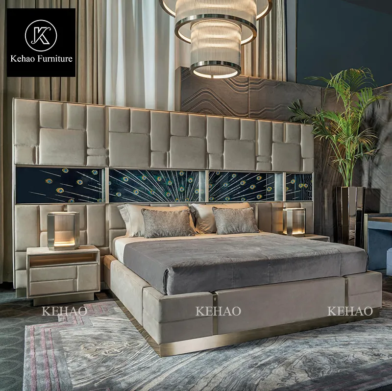 luxury italian villa furniture designer double beds Geometric Design Headboard latest queen king size bed modern leather beds
