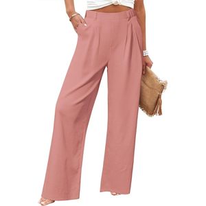 Pantalones de Lino de Cintura Alta para Mujer, Pantalones Palazzo de Pierna Ancha con Bolsillos, Color Rosa, Atuendos Casuales de Playa, Ajuste Cómodo y Transpirable - Product Image 1