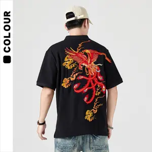 Retro Chinese style Phoenix heavy industry embroidered polo shirt men's short sleeve Lapel T-shirt loose collar top