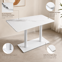 Table de restaurant, plateau en pierre frittée avec base à double colonne blanche et design de table aux coins arrondis pour hôtel et café