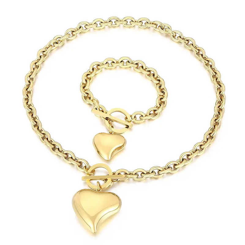 Neue Trendy Chunky Edelstahl Schmuck Set 18 Karat vergoldet OT Toggle Verschluss Halskette mit Puffy Heart Charm für Frauen