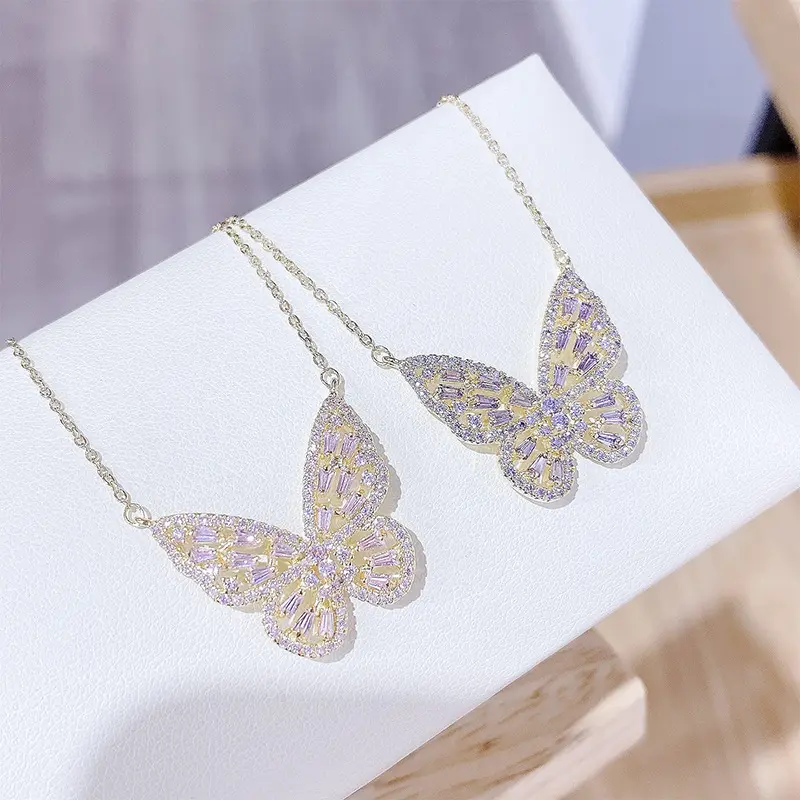 Collier à breloque papillons en cristal violet, en argent Sterling 2021, bijoux en zircone cubique scintillante, nouvelle collection 925
