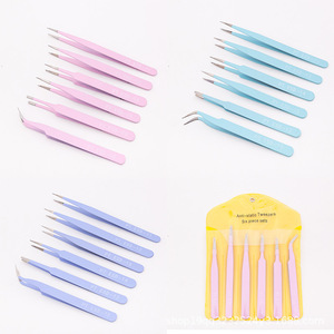 แหนบสีชมพูสแตนเลส 1 มม. แบบตรง แบบโค้ง แบบแบน แหนบสี ESD แหนบสำหรับงานเสริมสวยและทำเล็บ DIY ชุด 6 ชิ้น - Product Image 1