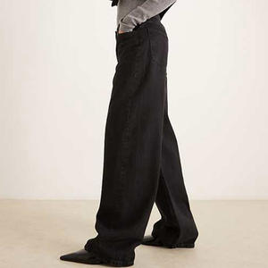 Jeans en denim décontractés confortables pour le travail, à jambe large et taille haute, noirs, <span class=keywords><strong>avec</strong></span> broderie de <span class=keywords><strong>fleurs</strong></span> roses, sur mesure pour femmes, OEM - Product Image 5