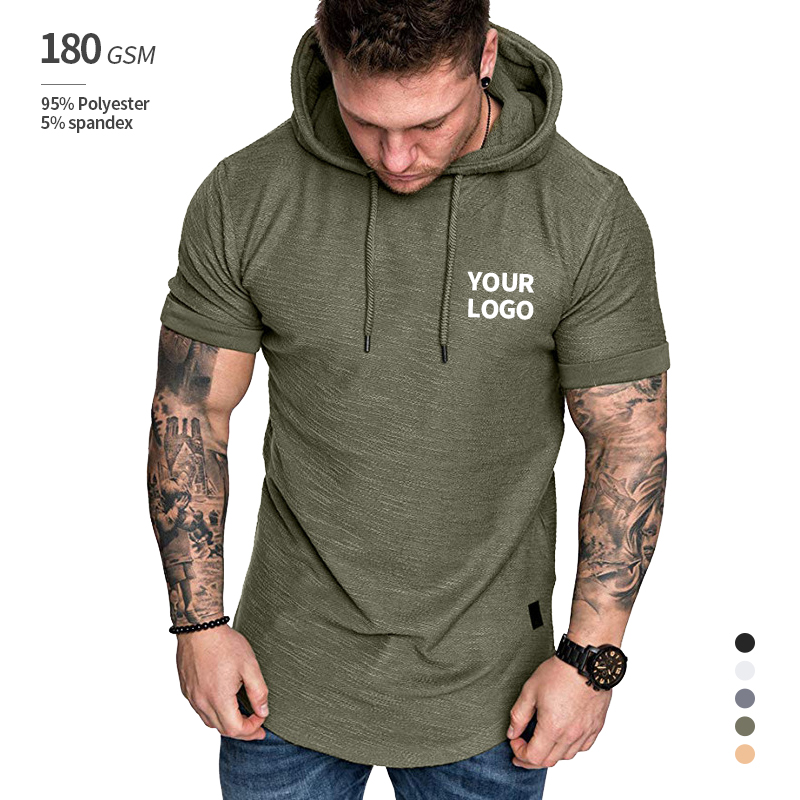 wholesale gym hoodies men shirts short sleeves hooded t shirt muscle shirt with hood