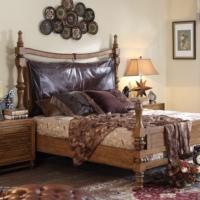 Lit en bois massif avec revêtement en cuir et pied de lit, taille King, marron, pour chambre principale et chambre d'amis