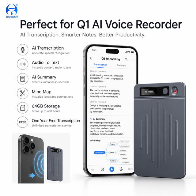 Q1 AI Voice Recorder 64GB Audio Device Unlimited Transcription Multi Language Cloud Backup Meeting Office Assistant
