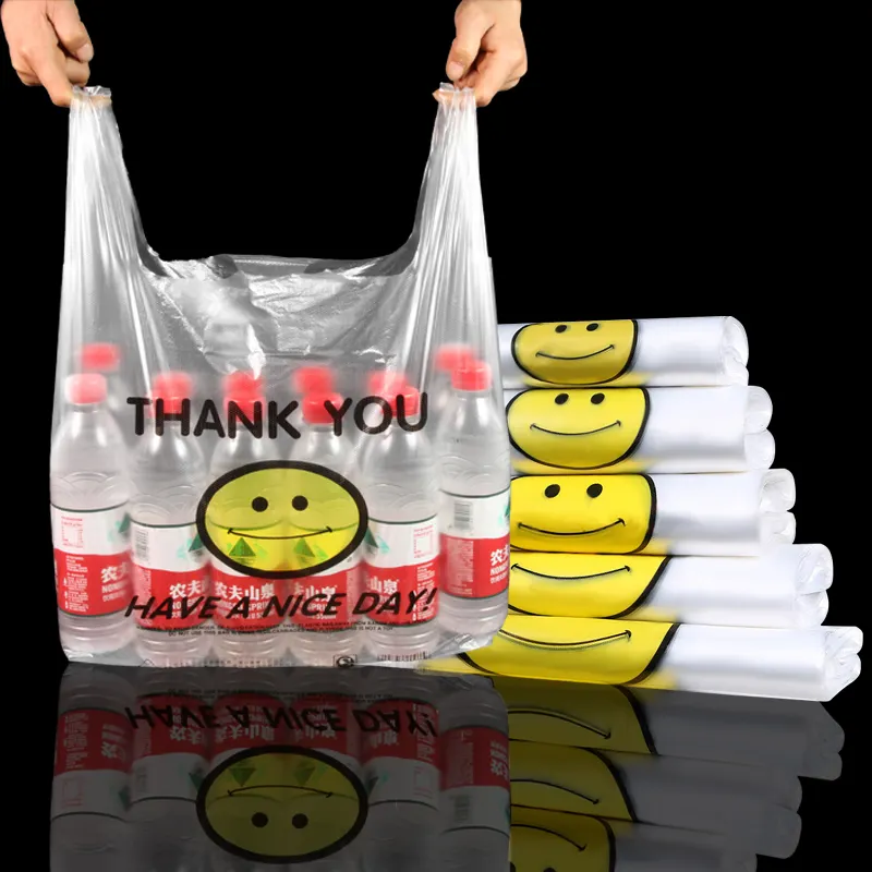 High quality White Thank you T-shirt transparent plastic vest handle bag supermarket plastic shopping bags roll