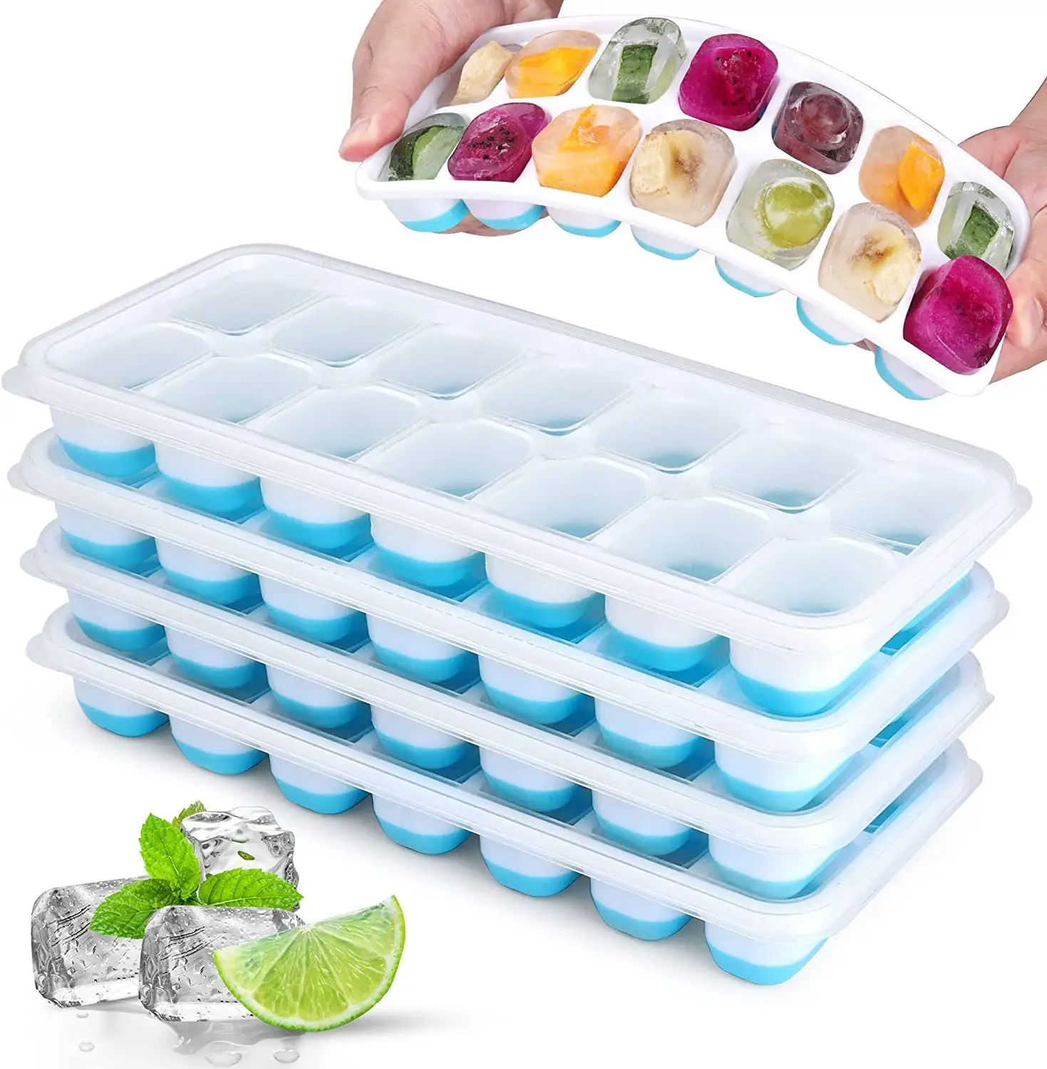 Silicone Ice Cube Trays 14 Grids Silicone Ice Cube Molds with Spill-Resistant Removable Lid