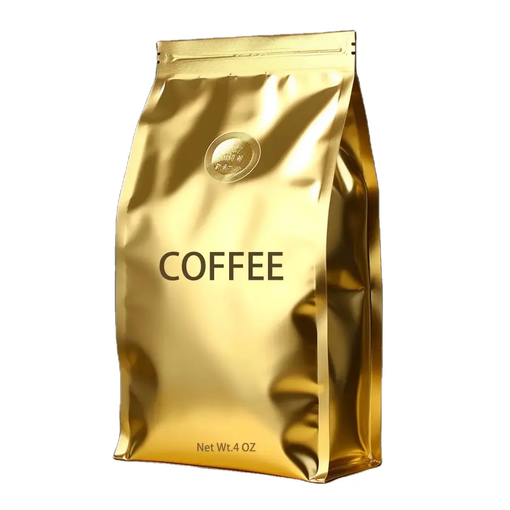 रंगीन पैकेजिंग खाद्य ग्रेड कॉफी पाउच कस्टम लचीला फ्लैट वर्ग नीचे पुन: प्रयोज्य एल्यूमीनियम पन्नी 4 10 Oz कॉफी बैग