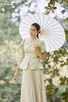 Haut de cérémonie en brocart vietnamien - Motif paysager traditionnel, style classique KPP08