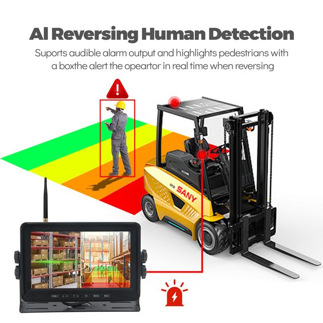 Wireless AI BSD  Forklift Camera System 7 Inch Monitor Forklift Camera with Laser Positioning Safety Camera Kit IP69K Waterproof