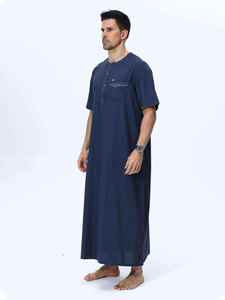 <b>Men's</b> Navy Blue Cotton <b>Thobe</b> Short Sleeve Floor Length Round Neck Modest Prayer Robe All event - Product Image 2