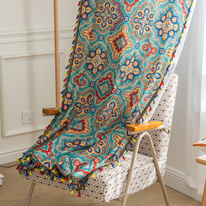 Bohème Tribal Sheer Rideaux Bleu Sarcelle 100% Polyester Géométrie Sacrée Diamant Motifs Glands Colorés pour Vivre - Product Image 3