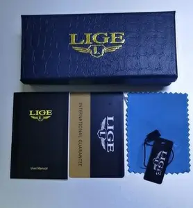 Caixa de papel para relógio Lige Box, caixa de armazenamento com cartão de garantia, conjunto de pano de limpeza manual, cor azul