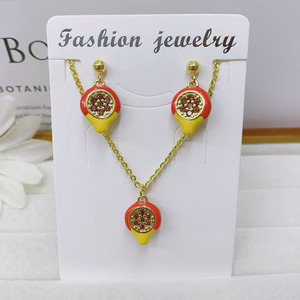 Gold CZ Pave Cherry Esmalte <span class=keywords><strong>Blackberry</strong></span> Peach Durian Fruit Charms Pendiente y collar, Accesorios de mujer Conjuntos de joyería para mujer - Product Image 3