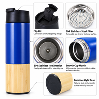 Bouteille d'eau isotherme à double paroi en acier inoxydable 304 de 16 oz avec couvercle, personnalisable et créative, avec empiècements en bambou, idéale pour les cadeaux d'affaires