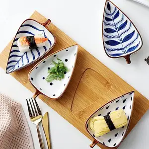 Hand painted Leaf Shaped Snacks Appetizer Fruit Candy Nuts Cheese Dips Dish Ceramic Platter Set of 4 With Wooden Bamboo Tray