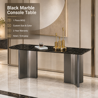 Table console rectangulaire moderne de luxe avec plateau en marbre noir rotatif, base en métal brossé, 8 places, pour entrée d'hôtel, salle à manger