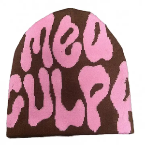Custom Manufacturing With Logo All Over Print Designer Acrylic Unisex Jaquards Graphic Y2K Style Jacquard Mea Culpa Beanie Hats - Product Image 3