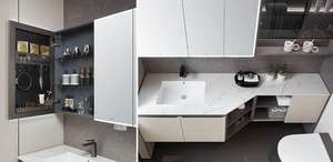 Mueble de Baño Moderno Beige Acanalado con Gabinetes Abiertos Grises, Conjuntos de Muebles de Baño al por Mayor con Lavabo y Grifo - Product Image 3