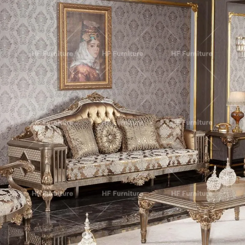 Sofa ruang tamu mewah Eropa, Sofa ukiran kayu antik, Sofa Turki Royal untuk ruang tamu