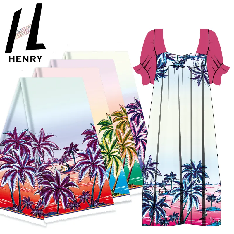 Coconut Tree Beach style de vacances 100% polyester tissu pour dame robe vacances d'été vente chaude