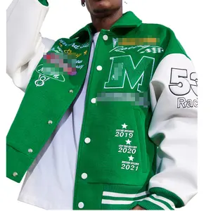 Letterman Varsity - Chaqueta Bomber De Béisbol Con Mangas De Cuero Auténtico, Chaquetas De Lana Para El Cuerpo, Opciones De Colores Del Equipo (L, Verde/blanco), (A2Z-2002), Verde/Blanco