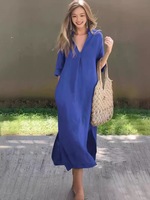Robe longue décontractée d'été pour femme en coton et lin, col en V, fente latérale, plissée, coupe trapèze