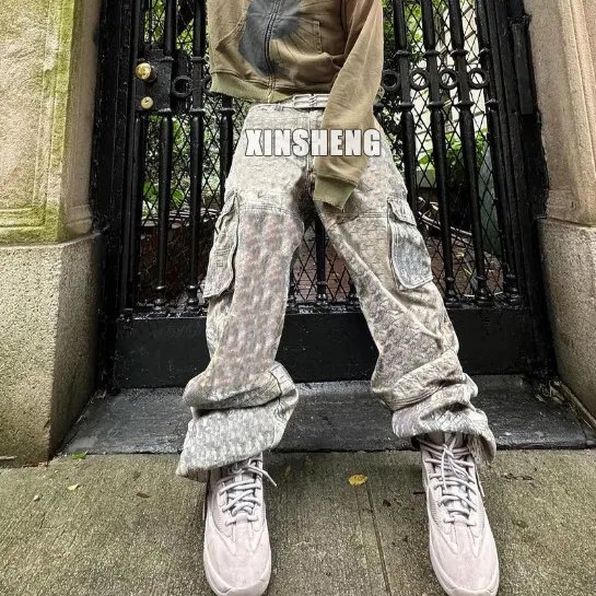 Streetwear mens flare cargo pants stacked all over print camo multi pocket man camouflage cargo pants men