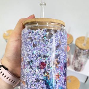 12Oz Sublimation Crystal Clear PP Double Walled Reusable <b>Glass</b> <b>Can</b> with Bamboo Lid for Rhinestone - Product Image 2