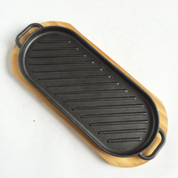 Piring Panggang Besi Cor Anti Lengket, Wajan Panggang BBQ, Piring Panggang dengan Alas Kayu