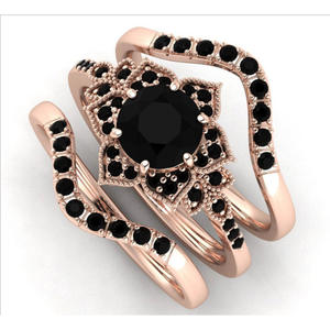 Conjunto de anillos geométricos de circonita negra con corazón oscuro retro para mujer, conjunto de joyería de tres piezas con diseño de rosa, conjunto de joyería de moda para fiesta. - Product Image 1