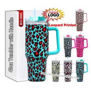 Wholesale Bulk Custom Printed 40oz 40 Oz Color Leopard Print Pattern 40 Ounce Stainless Steel Tumbler Cup With Handle And Straw