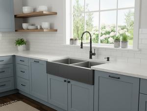 Fregadero de cocina de acero inoxidable estilo rústico con delantal frontal, hecho a mano, de un solo tazón, con acabado de esmalte negro para uso residencial de alta gama - Product Image 2