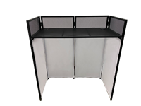 Cabine de DJ Leilei DJ-1 pour événements, façade blanche/noire, structure métallique avec plateau de table plat