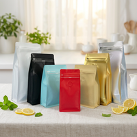 Sachets à café à fond plat avec valve de dégazage et fermeture éclair, en aluminium mat, scellés sur huit côtés, pour emballage alimentaire