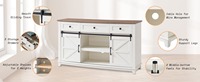 Mesa de Centro y Mueble para TV de Diseño Rústico Blanco con Puertas Correderas Estilo Granja y Cajones de Almacenamiento