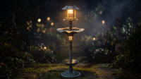 Mangeoire à oiseaux et station de bain solaire LED, style cascade antique, avec base remplie de pierres, en résine résistante aux intempéries, toit de gazebo, écologique, antirouille