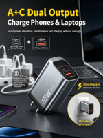 Charger GaN Hitam 65W Berkualitas Tinggi Laris Manis, Dual Output untuk Ponsel Tablet, Pengalokasi Daya Cerdas untuk Pengisian Cepat dan Aman