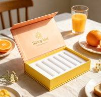 Boîte cadeau magnétique pliable en crème, logo hexagonal en feuille d'or personnalisé, plateau en mousse EVA à 6 compartiments pour l'emballage des ampoules de soins de la peau