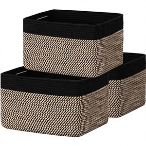 3-Pack Foldable Cotton Rope Square <b>Basket</b> Handles/Shelves | Dog Toy Shoe Storage | Baby <b>Gift</b> | New 13.5x11x9.5" (Black/Jute) - Product Image 3