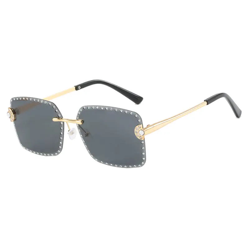 Óculos de sol luxuosos retangulares de diamante UV400 com lentes de nylon cortadas, óculos de sol quadrados sem aro de metal personalizados