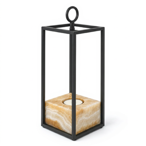 Natural Onyx Cube <b>Candle</b> Holder with Black Metal Lantern Frame Handmade Stone Insert Wholesale Custom Logo Home Decor - Product Image 1