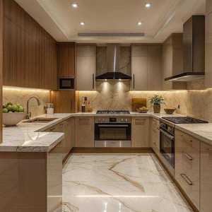 Cuisine modulaire avec plan de travail en marbre, panneaux en bois et éclairage LED doux - Product Image 4