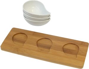 Juego de Platos para Aperitivos, Tazas de Porcelana en Forma de Coma, Bandeja de Bambú 26x10x4.5 Cm, Tazas Blancas en Forma de Coma, Bandeja para Aperitivos - Product Image 5